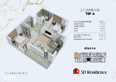 3 camere | TVA 21% INCLUS | etaj intermediar | reprezentant dezvoltato