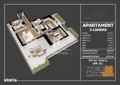Parc Laurentiu Raiciu apartament 3 camere 2 bai si terasa 87 mp.