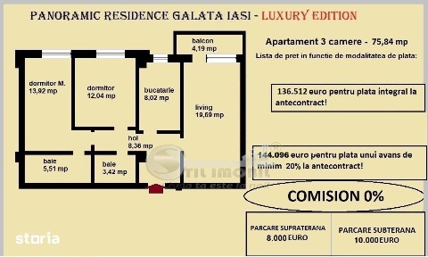 Apartament 3 camere de vanzare in Iasi, Galata, 75,84 mp, bloc nou