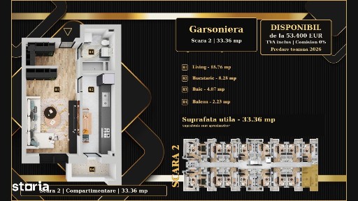 Vezi azi: Garsoniera 33,36mp, 53.400€, TVA inclus
