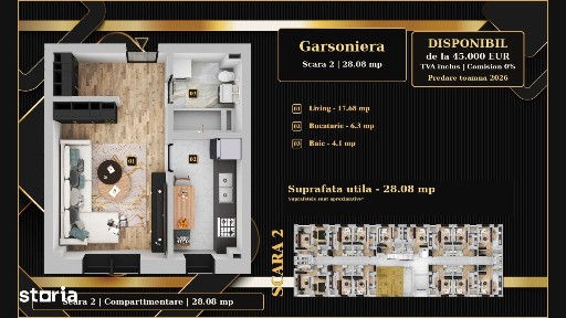 Garsoniera 28,08mp in Chiajna, de la 45.000€, TVA inclus, 0% comision