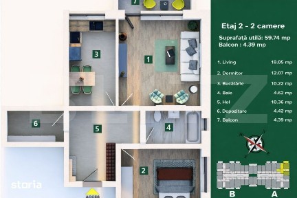 Apartament 2 camere, decomandat, balcon -59 mp utili