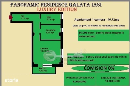 Apartament 1 camera de vanzare in Iasi, Galata, 43.63 mp, baie cu geam