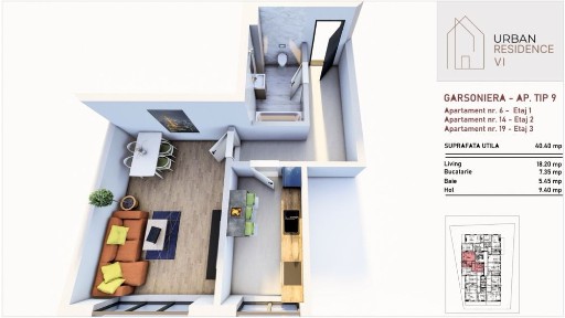 Garsoniera decomandata 41 mp util, etaj 1 in bloc nou cu lift