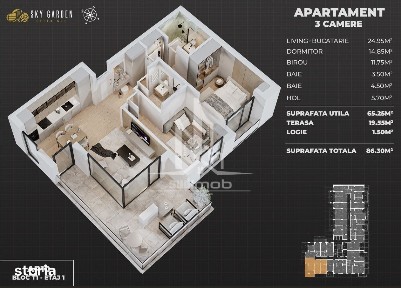 Apartament 3 camere open space 2 bai Sky Garden Park.
