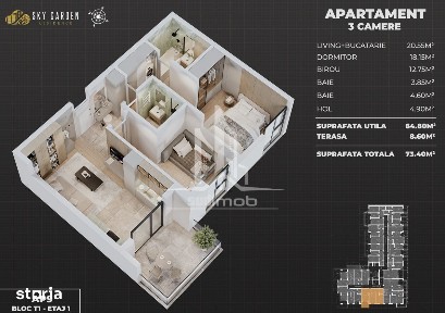 Apartament 3 camere open space 2 bai Sky Garden.