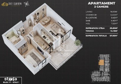 Apartament 2 camere decomandat Sky Garden.