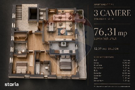Apartament nou cu 3 camere și balcon de 12,09 mp | Tractorul