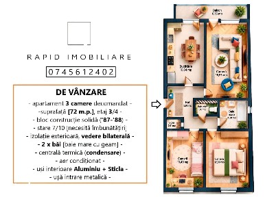 3 Camere - Decomandat - etaj 3/4 - Mazepa [Banci] - St: 72 mp