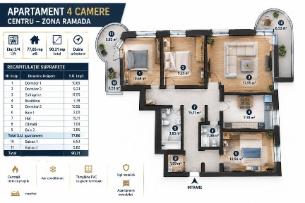Apartament 4 camere 90 mp - Bloc 4 etaje cu Lift - Centru, Hotel Ram