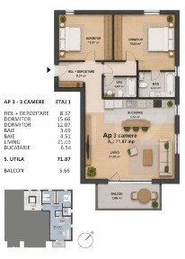 Apartament 3 camere 2 bai, 72 mp,Standard nZeb, Dorobantilor
