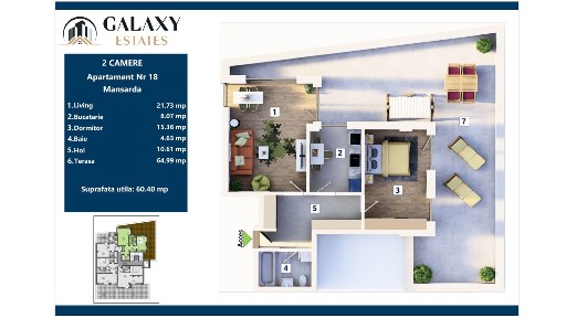 Apartament 2 CAMERE 60.1 mp utili + 65 mp terasa. FINALIZARE 2027