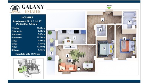 Apartament 3 CAMERE 70.16mp utili + 5.16 mp balcom FINALIZARE 2027