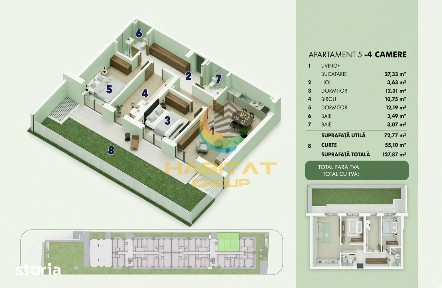 Apartament 3 camere în bloc nou - curte 56 mp - Popești Leordeni