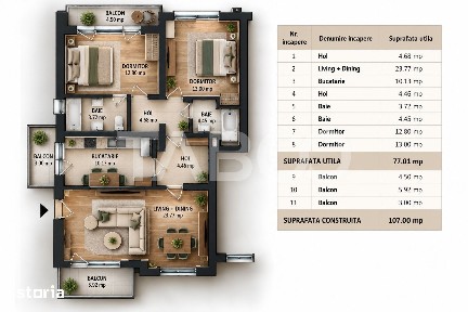 Apartament modern 3 camere 3 balcoane 2 bai 2 locuri parcare Selimbar