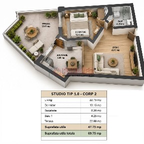 Studio cu Terasa 22mp - Bloc Nou - Parcul Tudor Arghezi