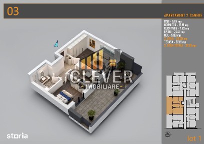 Apartament 2 Camere cu terasa de 33 mp și Comision 0%, metrou Teclu